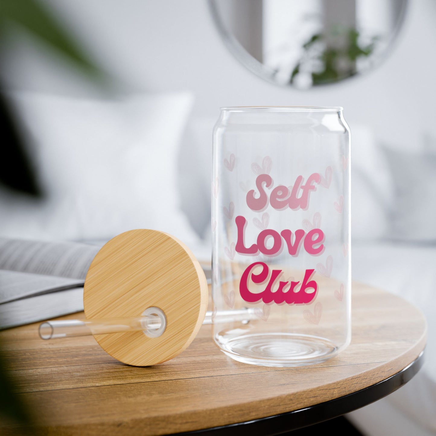Self Love Club Sipper Glass (16 oz), Heart Patterned Tumbler, Self Care Gift, Valentine's Day, Gift for Her