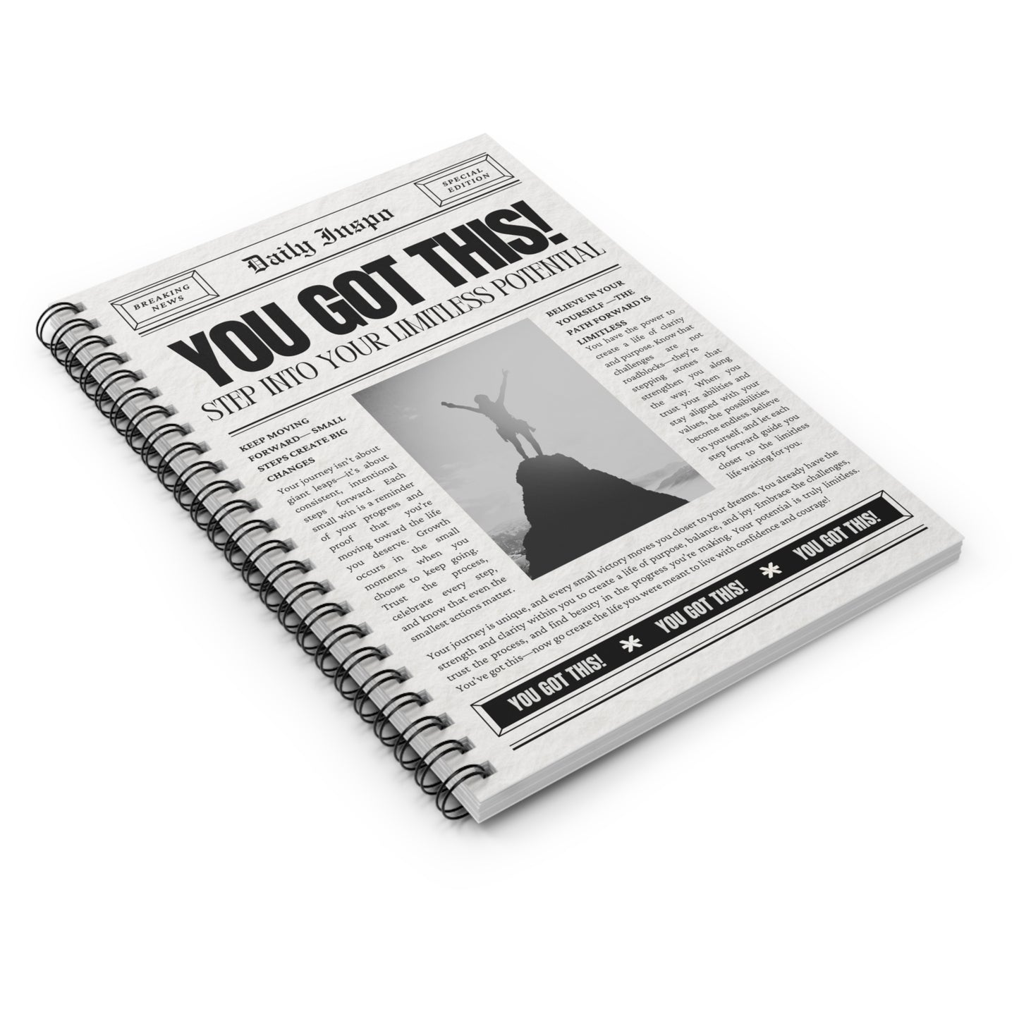 Newspaper Style Spiral Notebook - You Got This, 118 Pages, Ruled Line Journal, Self-Care, Mental Health, Motivational Notepad