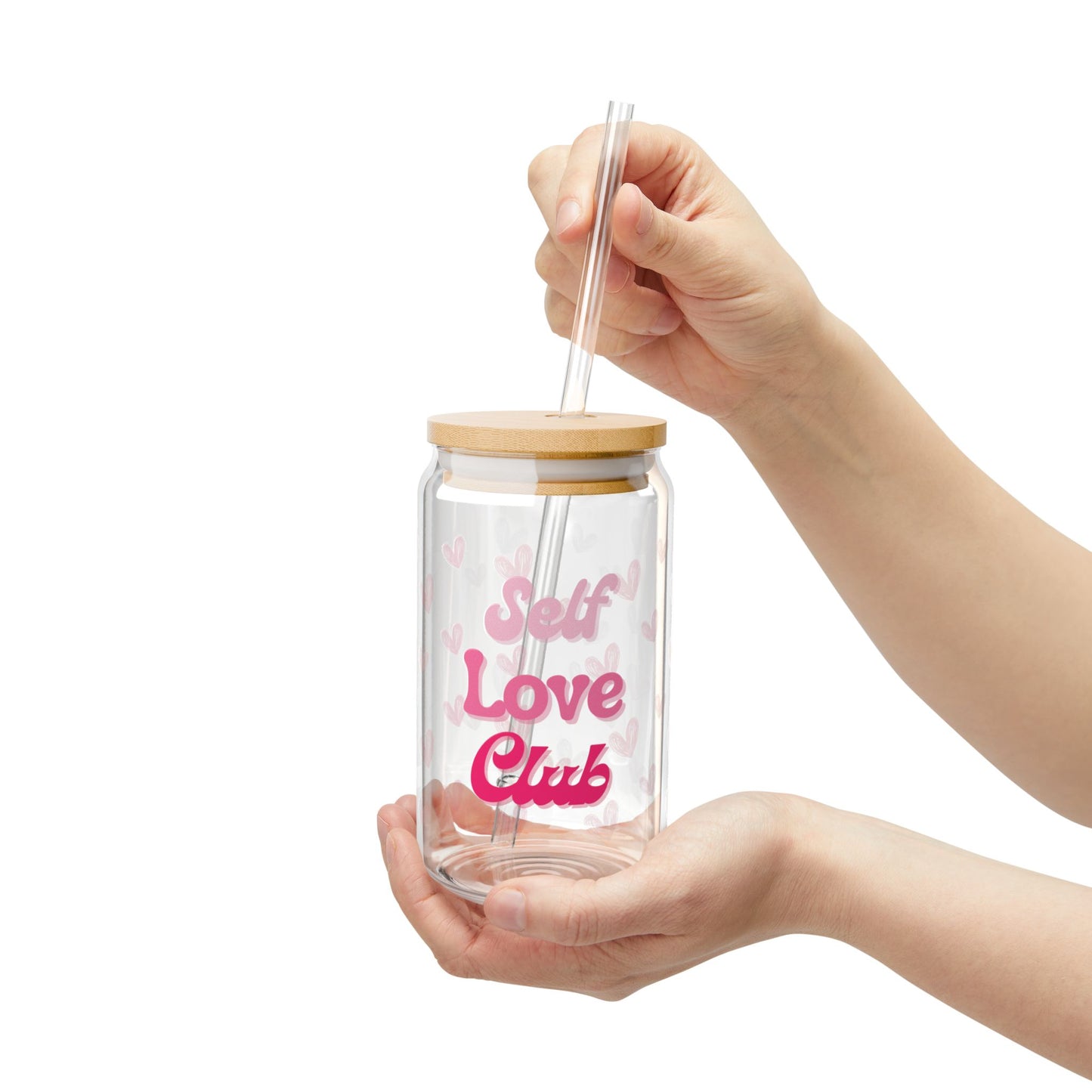 Self Love Club Sipper Glass (16 oz), Heart Patterned Tumbler, Self Care Gift, Valentine's Day, Gift for Her