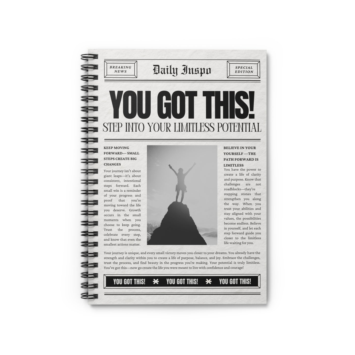 Newspaper Style Spiral Notebook - You Got This, 118 Pages, Ruled Line Journal, Self-Care, Mental Health, Motivational Notepad