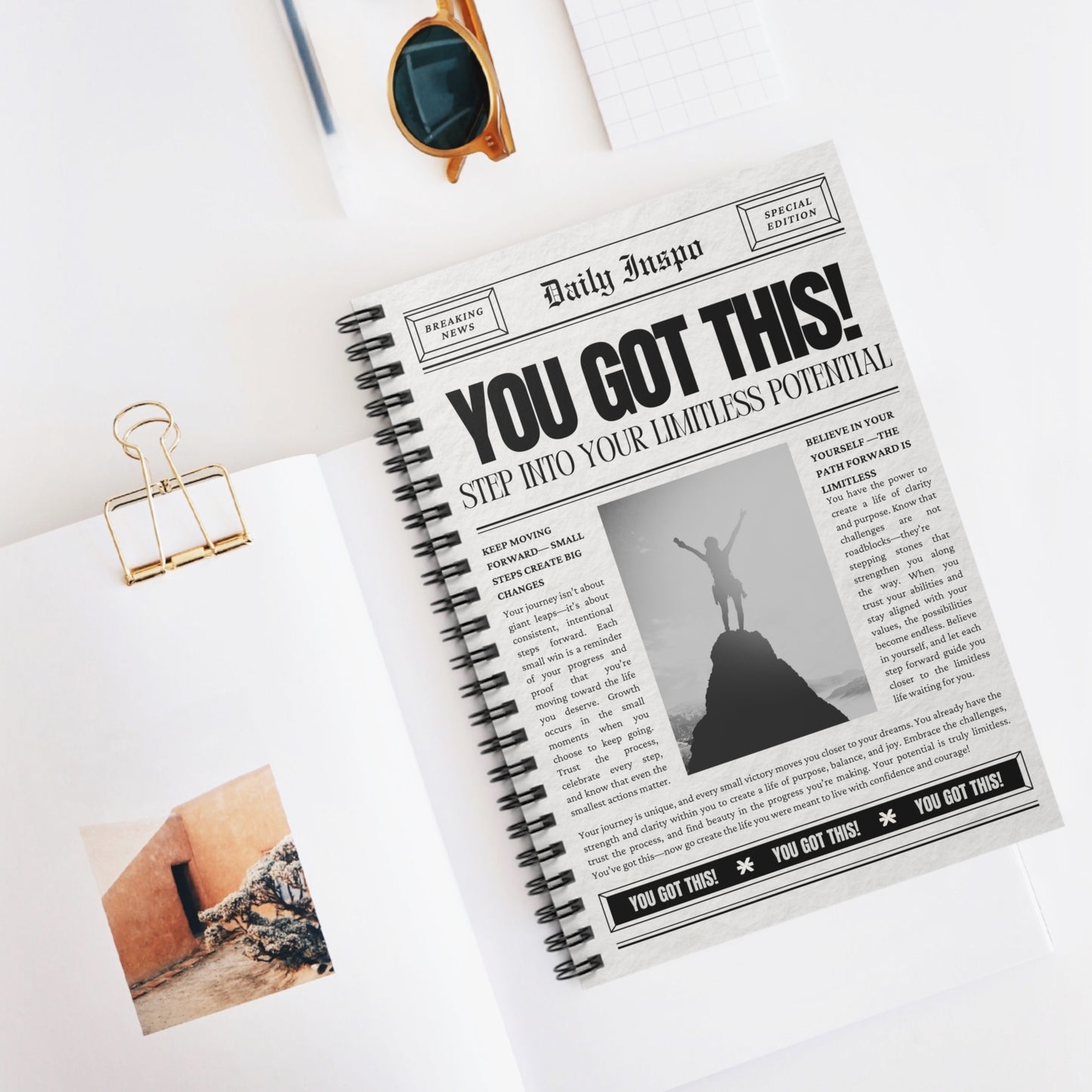 Newspaper Style Spiral Notebook - You Got This, 118 Pages, Ruled Line Journal, Self-Care, Mental Health, Motivational Notepad