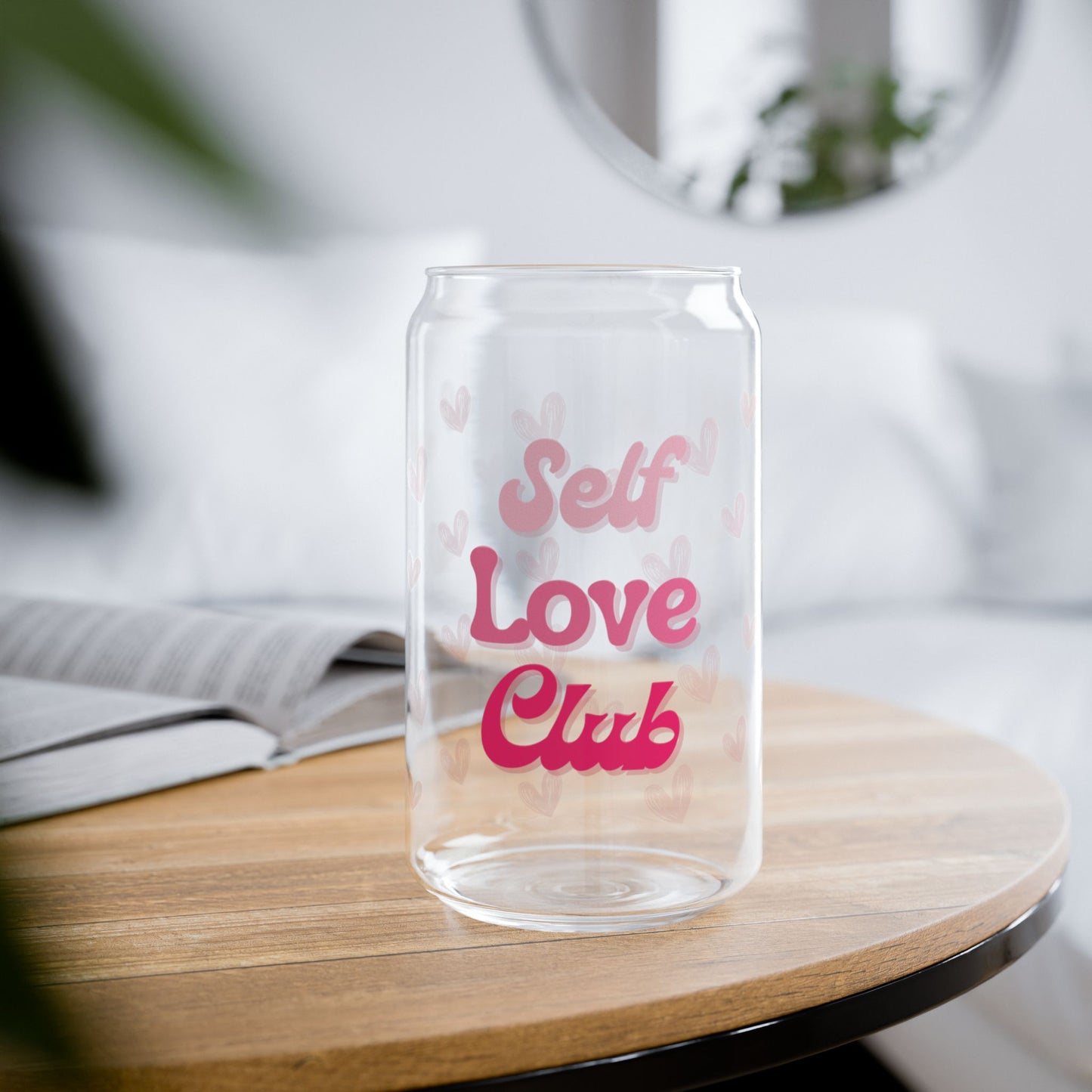 Self Love Club Sipper Glass (16 oz), Heart Patterned Tumbler, Self Care Gift, Valentine's Day, Gift for Her
