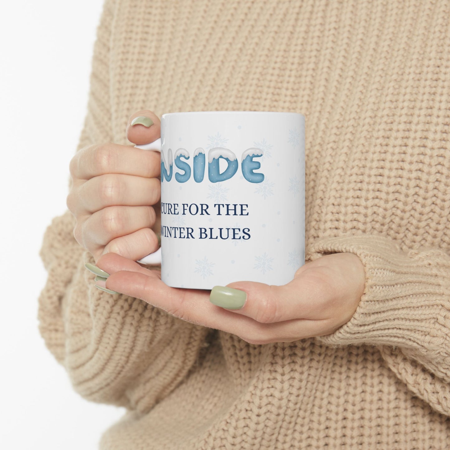 Winter Blues Cure Ceramic Mug (11oz or 15oz), Snowflake Mug, Holiday Gift Idea, Hot Drink Mug, Holiday Mug