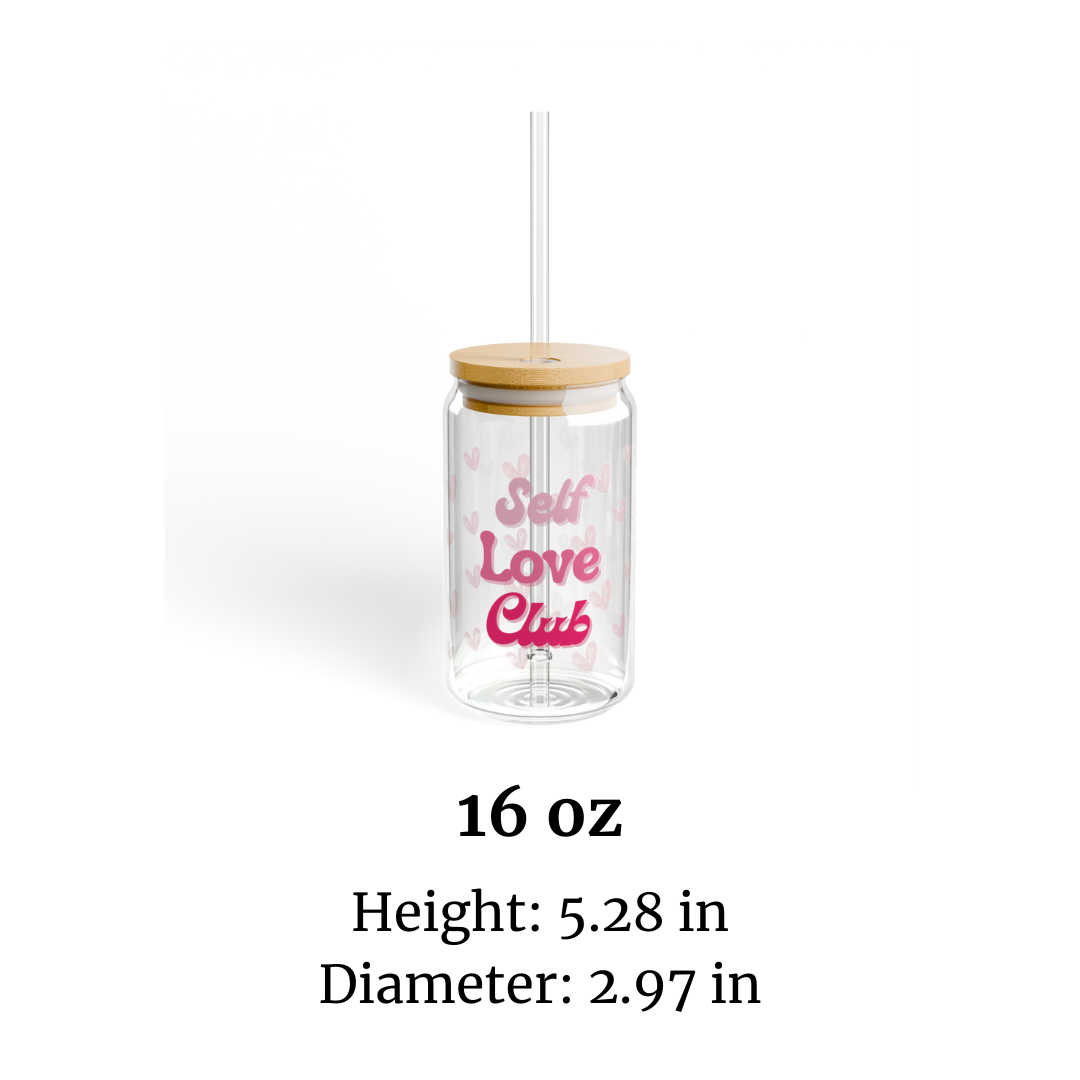 Self Love Club Sipper Glass (16 oz), Heart Patterned Tumbler, Self Care Gift, Valentine's Day, Gift for Her