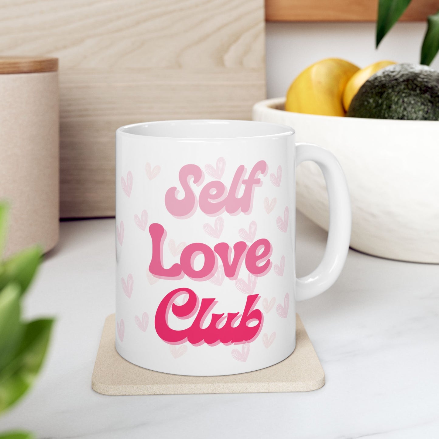 Self Love Club Mug, Heart Patterned Coffee Cup, Valentine's Day Gift, Self Care Gift, Coffee Mug, Gift for Her