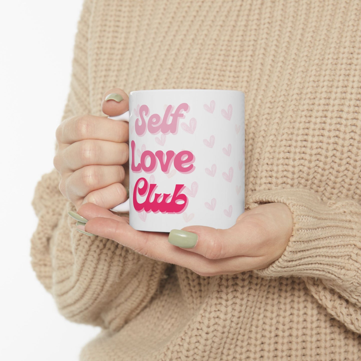 Self Love Club Mug, Heart Patterned Coffee Cup, Valentine's Day Gift, Self Care Gift, Coffee Mug, Gift for Her