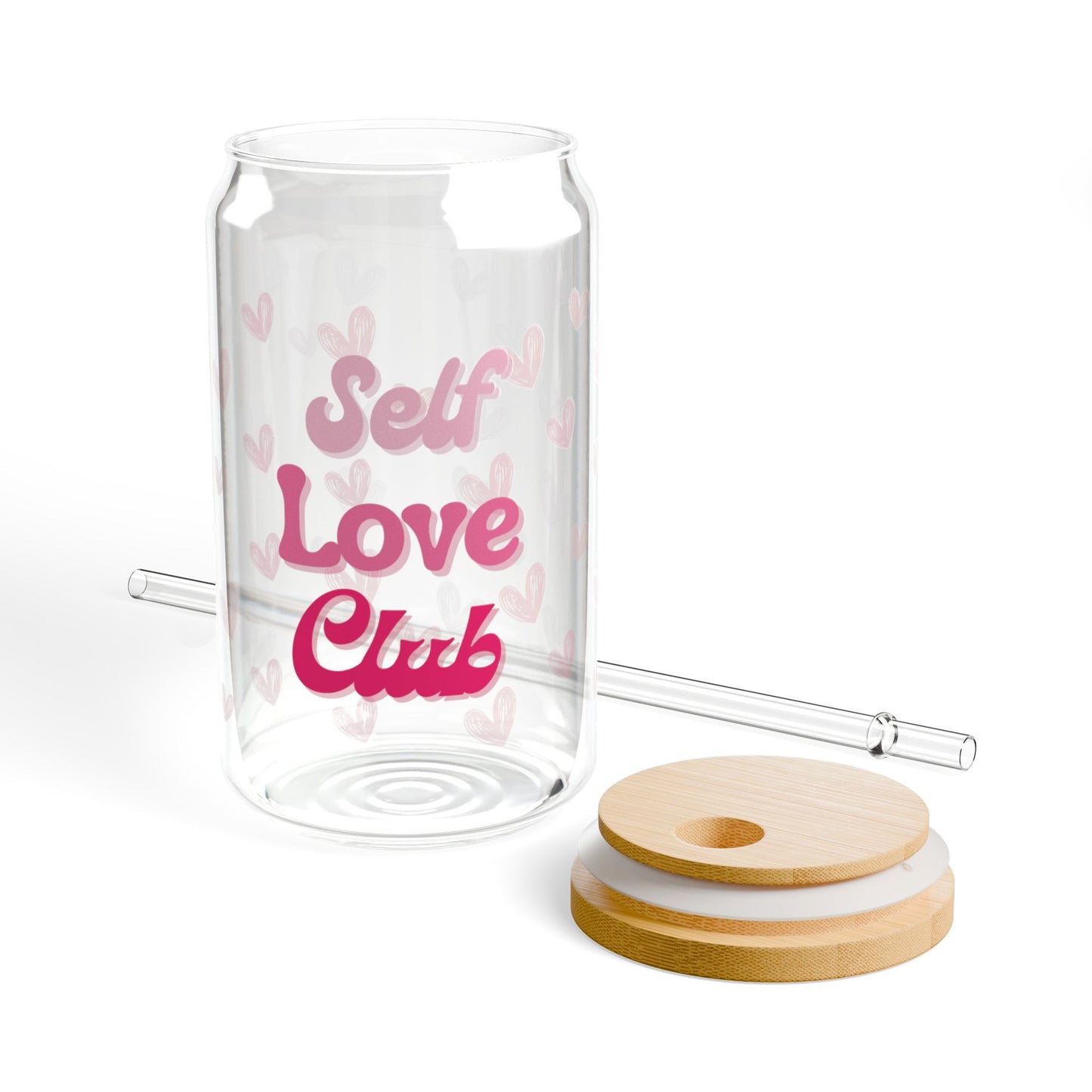 Self Love Club Sipper Glass (16 oz), Heart Patterned Tumbler, Self Care Gift, Valentine's Day, Gift for Her