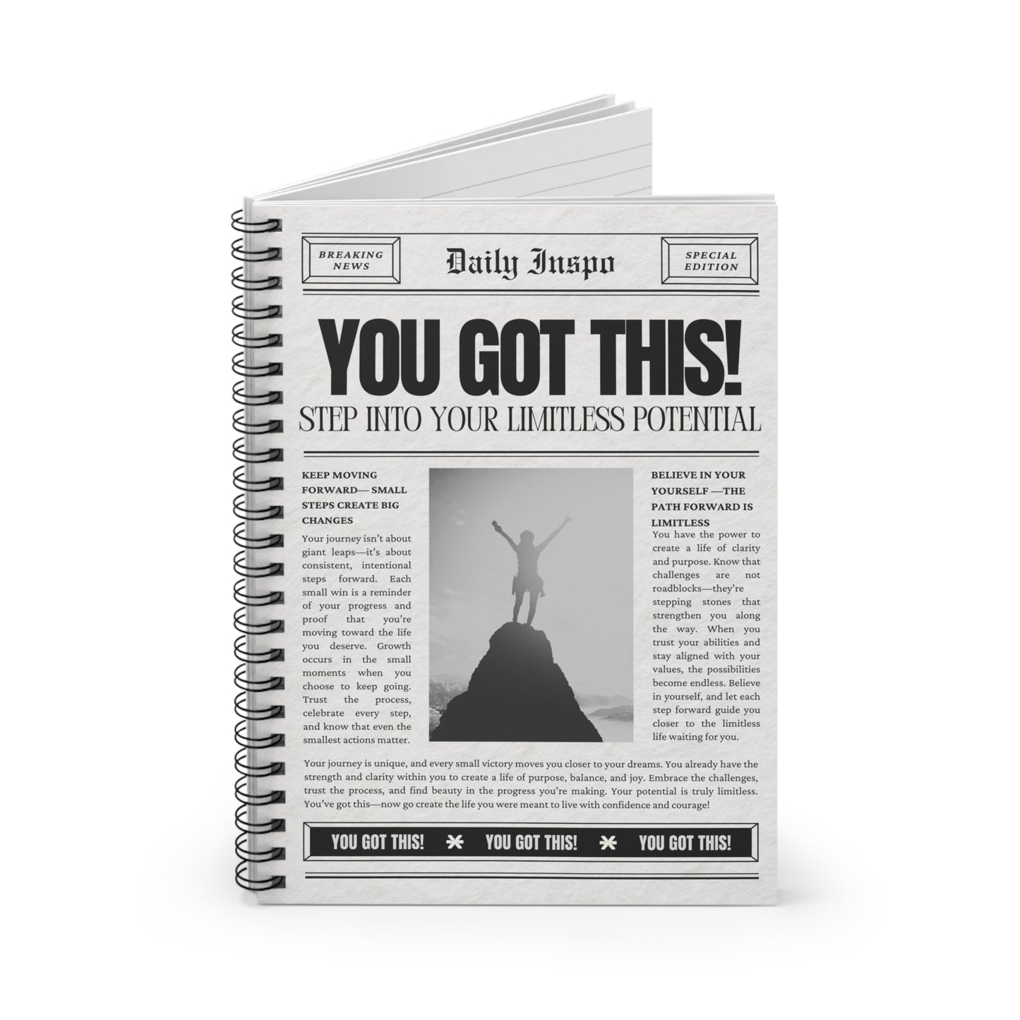 Newspaper Style Spiral Notebook - You Got This, 118 Pages, Ruled Line Journal, Self-Care, Mental Health, Motivational Notepad