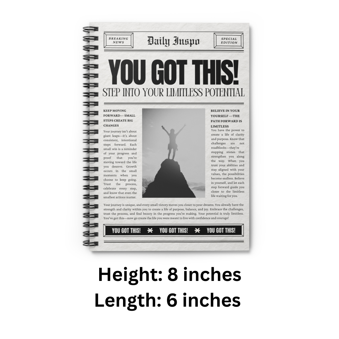 Newspaper Style Spiral Notebook - You Got This, 118 Pages, Ruled Line Journal, Self-Care, Mental Health, Motivational Notepad