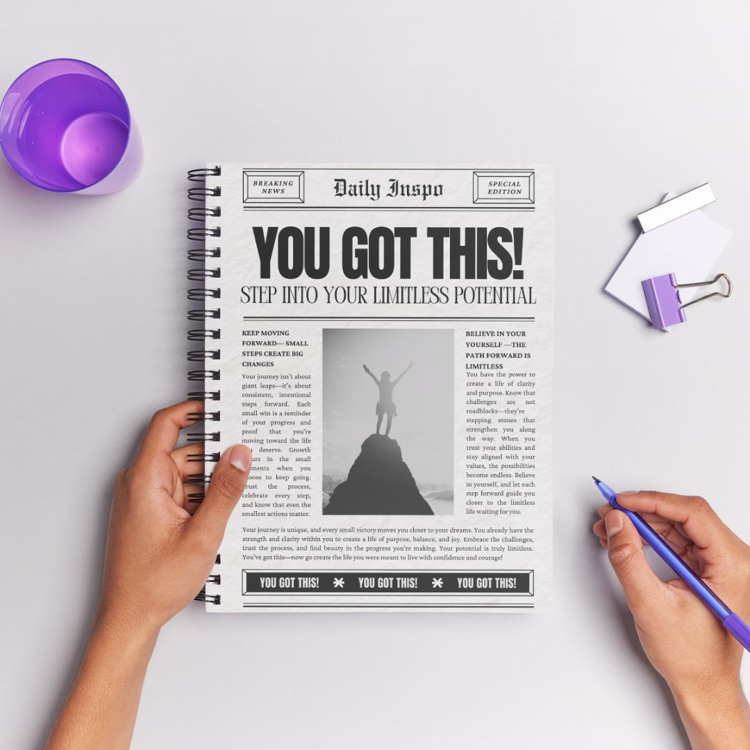 Newspaper Style Spiral Notebook - You Got This, 118 Pages, Ruled Line Journal, Self-Care, Mental Health, Motivational Notepad